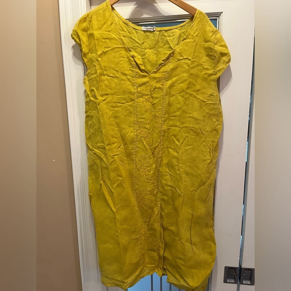Lungo L'Arno Lemon Yellow Linen Dress detailed embroidery made in Italy SZ 2X